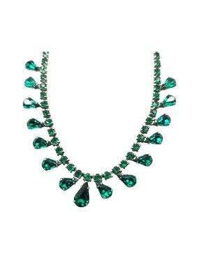 Silver-Tone Necklace Green Rhinestone Teardrop womens Jewelry regal glam